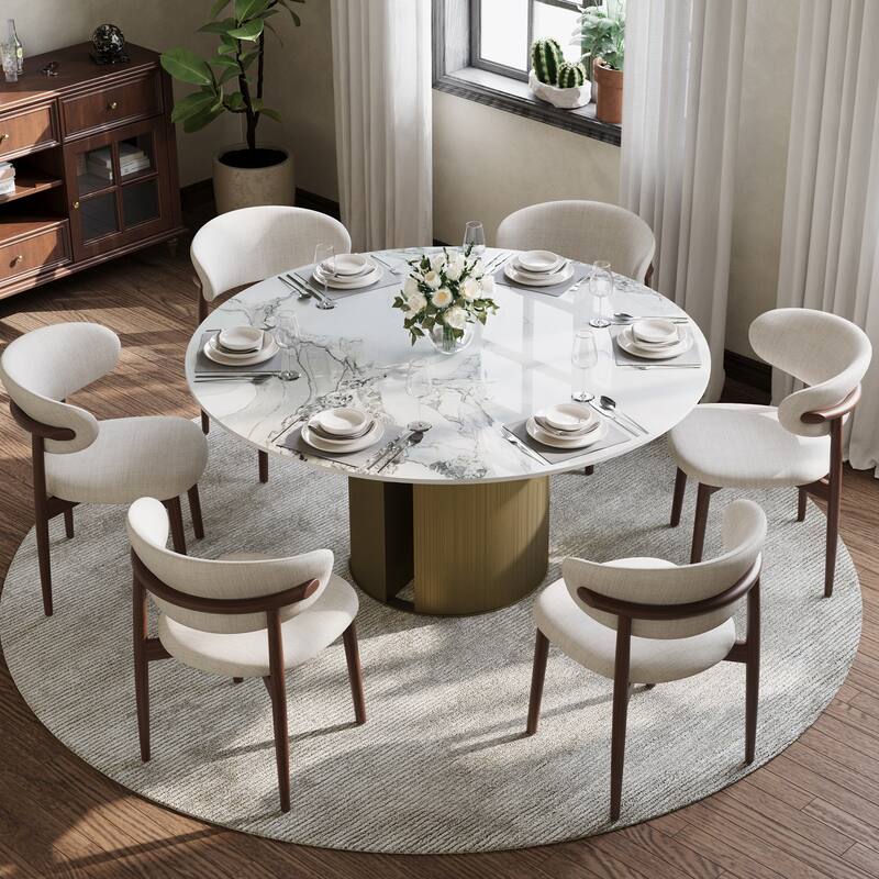 59" Modern Round Dining Table For 6-8, Glossy Sintered Stone Table Top, White Kitchen Table With Stainless Steel Base - White