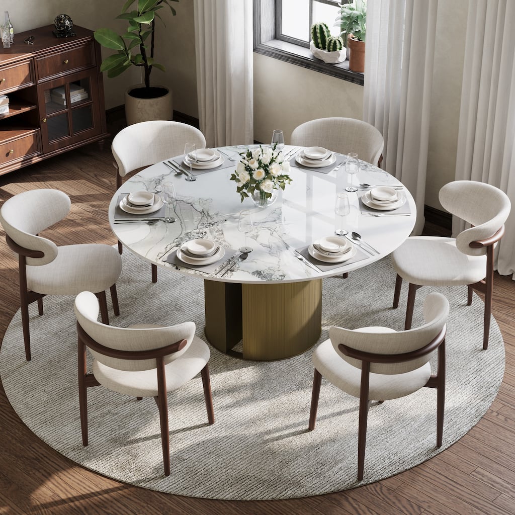 59" Modern Round Dining Table For 6-8, Glossy Sintered Stone Table Top, White Kitchen Table With Stainless Steel Base