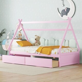 Twin Size House Platform Bed with Two Drawers,Headboard and Footboard