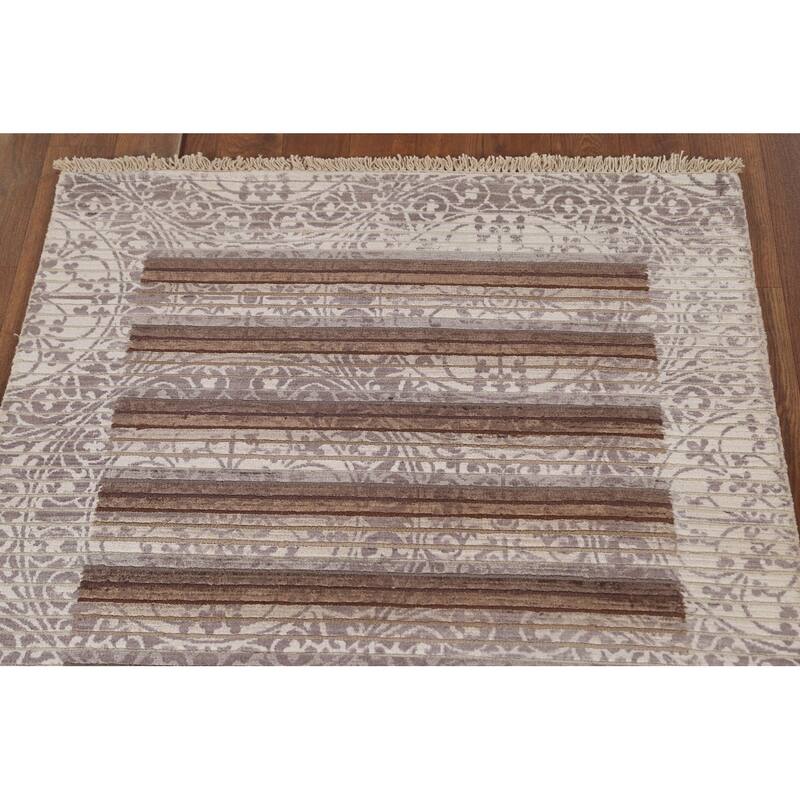 Beige Striped Abstract Accent Rug Handmade Oriental Wool Carpet - 2'9"x 5'0"