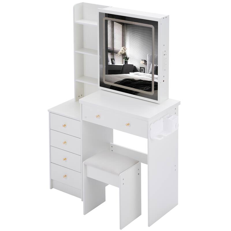 37" Middle Size Left Bedside Cabinet Vanity Table + Cushioned Stool Dresser Set, Large Touch Control LED Sliding Mirror