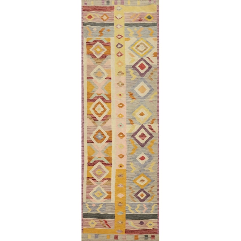 Hand Woven Oriental 100% Wool Carpet Southwestern Modern Multi-Colored Kilim Runner Rug - 10' 1'' X 2' 8''
