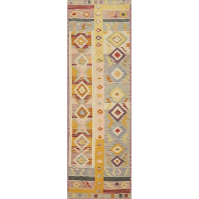 Hand Woven Oriental 100% Wool Carpet Southwestern Modern Multi-Colored Kilim Runner Rug - 10' 1'' X 2' 8''