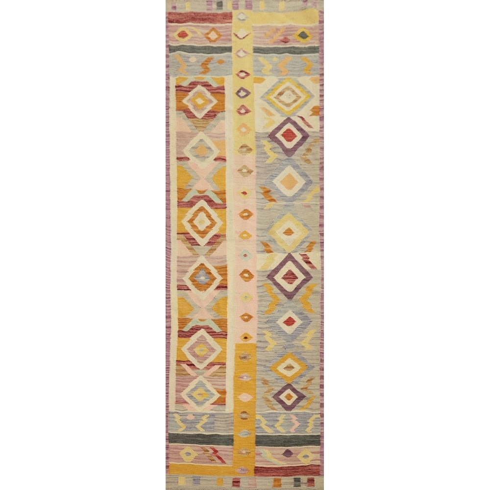 Hand Woven Oriental 100% Wool Carpet Southwestern Modern Multi-Colored Kilim Runner Rug - 10' 1'' X 2' 8''