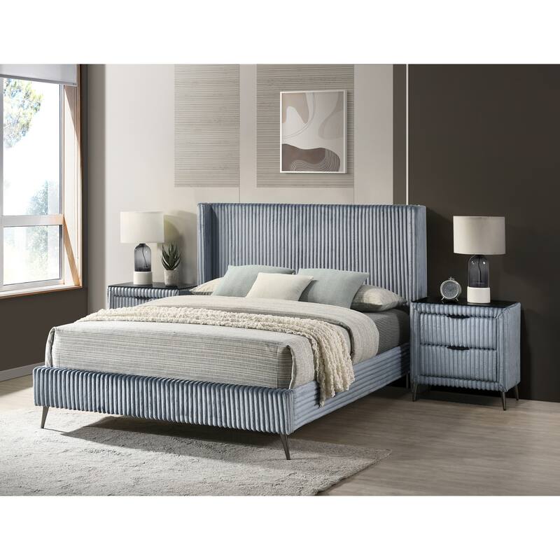 Queen Size Upholstered Panel Bed Set with 2 Nightstands and Storage Bench
