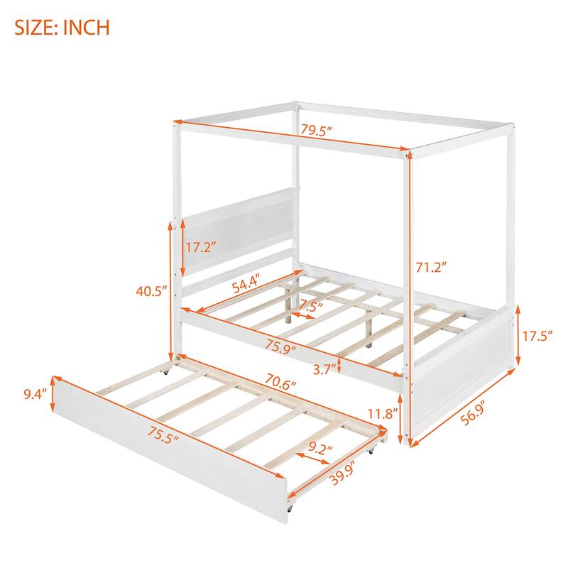 Full Size Canopy Platform Bed with Trundle, Solid Wood Frame, Support Slats Included