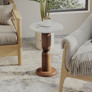 Slim Pedestal Side Table With Real Wood Top – Compact Drink Table For Small Spaces In Living Room Or Bedroom