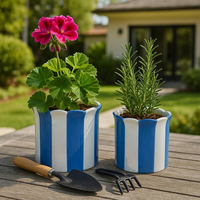 Ceramic Striped Flower Pots with Scalloped Edge - Set 2, 8", 6" - 8.0"