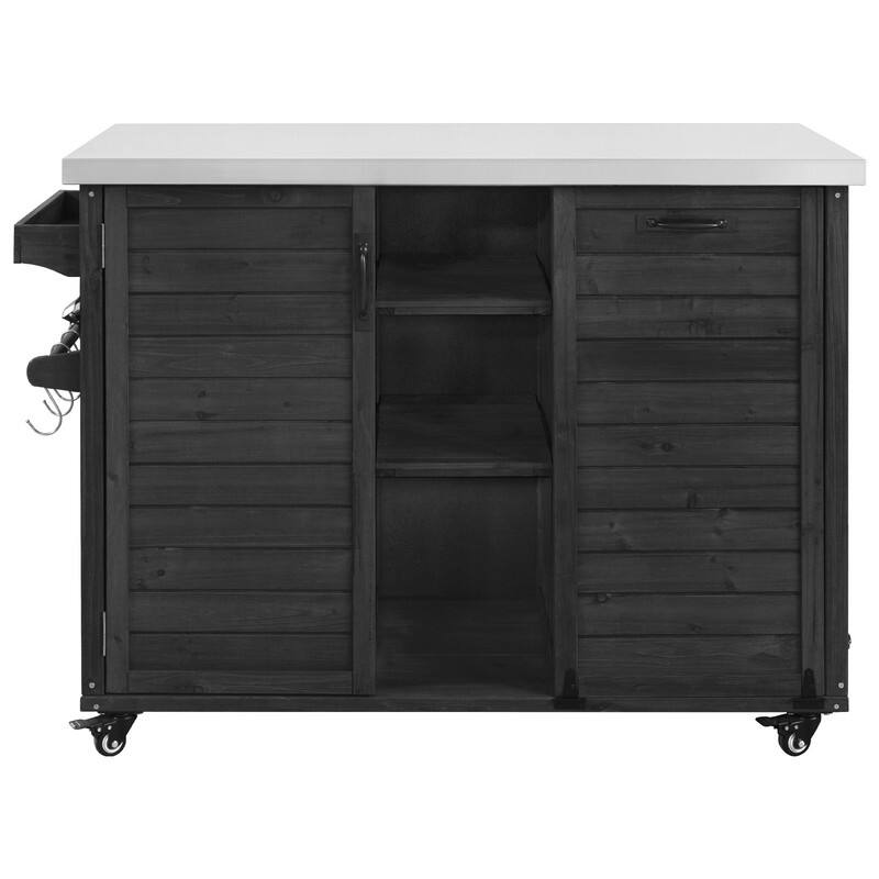 78.3" Outdoor Kitchen Island with Extendable Table, Trash Can Storage and Stainless Steel Top for BBQ Cooking