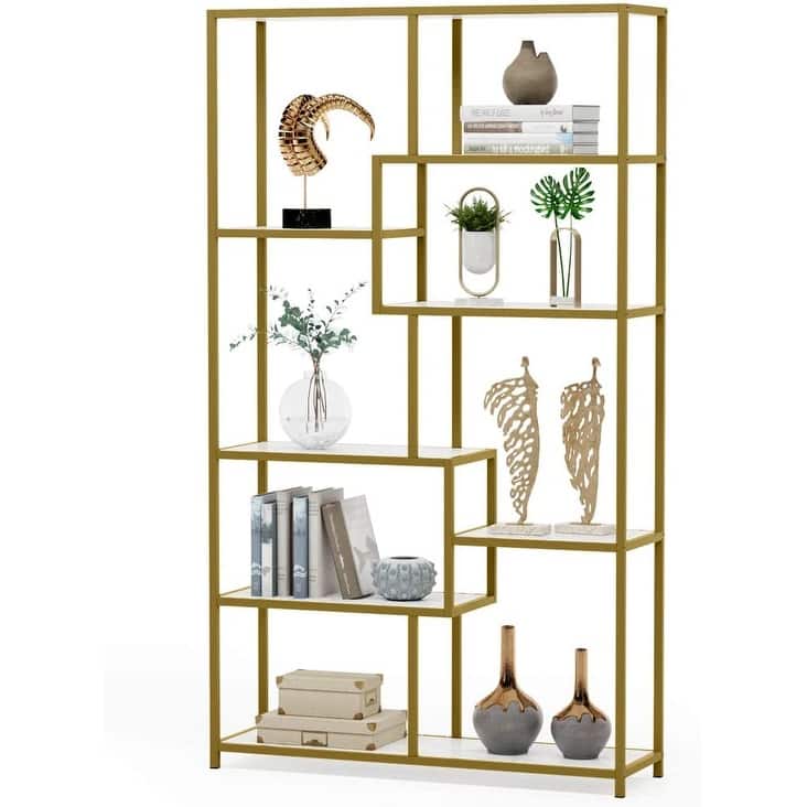 Etagere Bookcase 8 Tier Bookshelf with Gold Metal Frame and White Faux Marble Board for Home office, Living Room