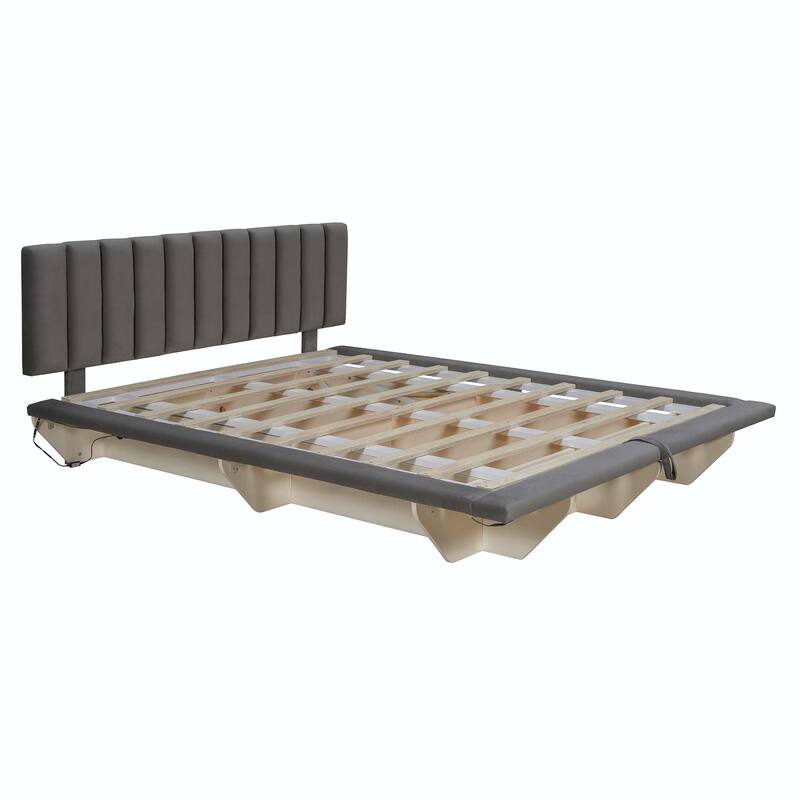 Queen Size Upholstered Floating Bed with LED Light and USB Port