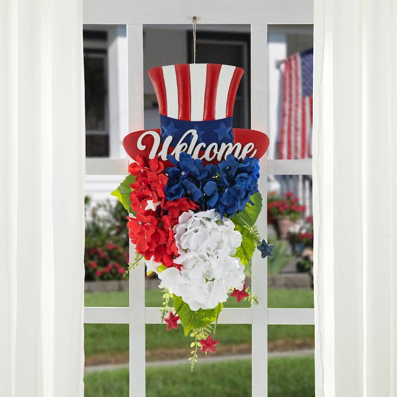 Glitzhome 22.5"H Patriotic July 4th Metal Top Hat & Hydrangea Swag Wall Decor