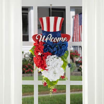 Glitzhome 22.5"H Patriotic July 4th Metal Top Hat & Hydrangea Swag Wall Decor