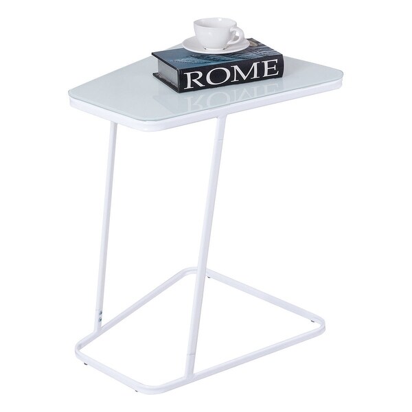 Gymax End Table Accent Side Snack Coffee Sofa Table Modern C Shape Glass Steel White
