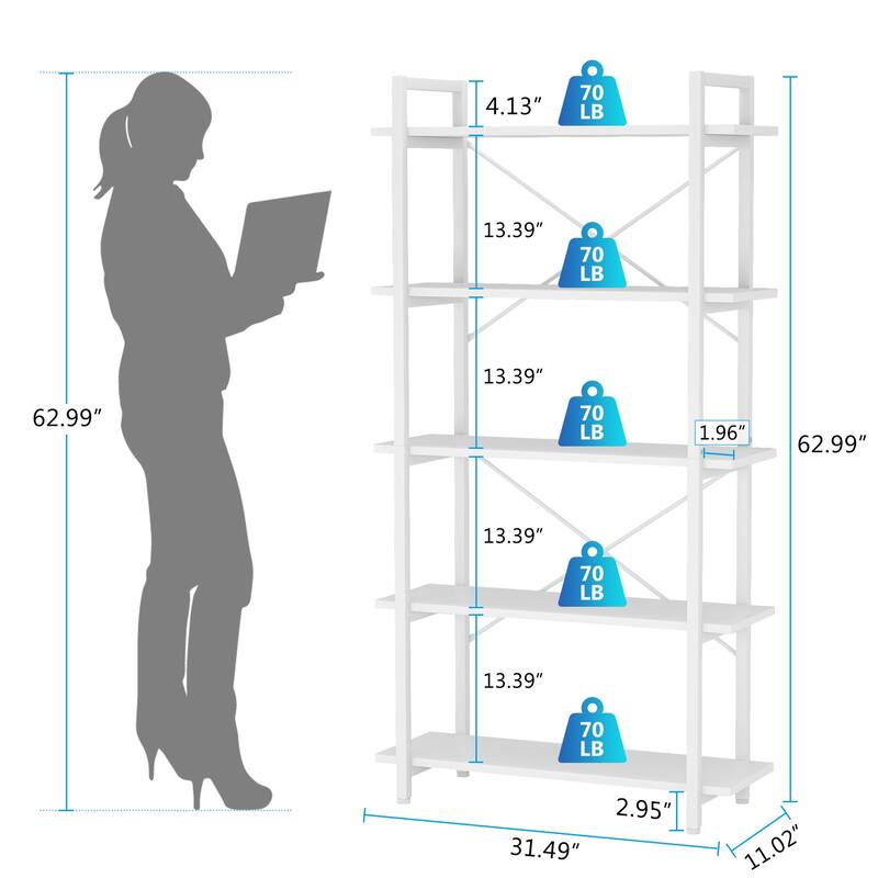 5 Tier Bookcase,White Bookshelf for Living Room, Study, Home Office,Balcony