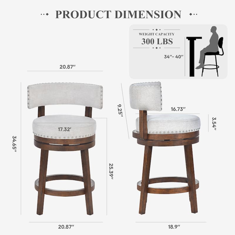 Modern Velvet Swivel Bar Stool - 25" or 30" Counter Height with Adjustable Footrest & Walnut Base, for Kitchen Islands