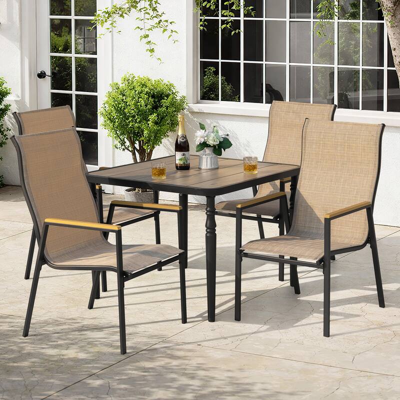 5-Piece Textilene Patio Dining Set with Umbrella Hole, Stackable Design
