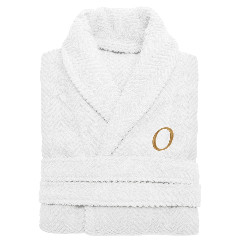 Authentic Hotel and Spa White with Gold Monogrammed Herringbone Weave Unisex Bath Robe - S/M - O