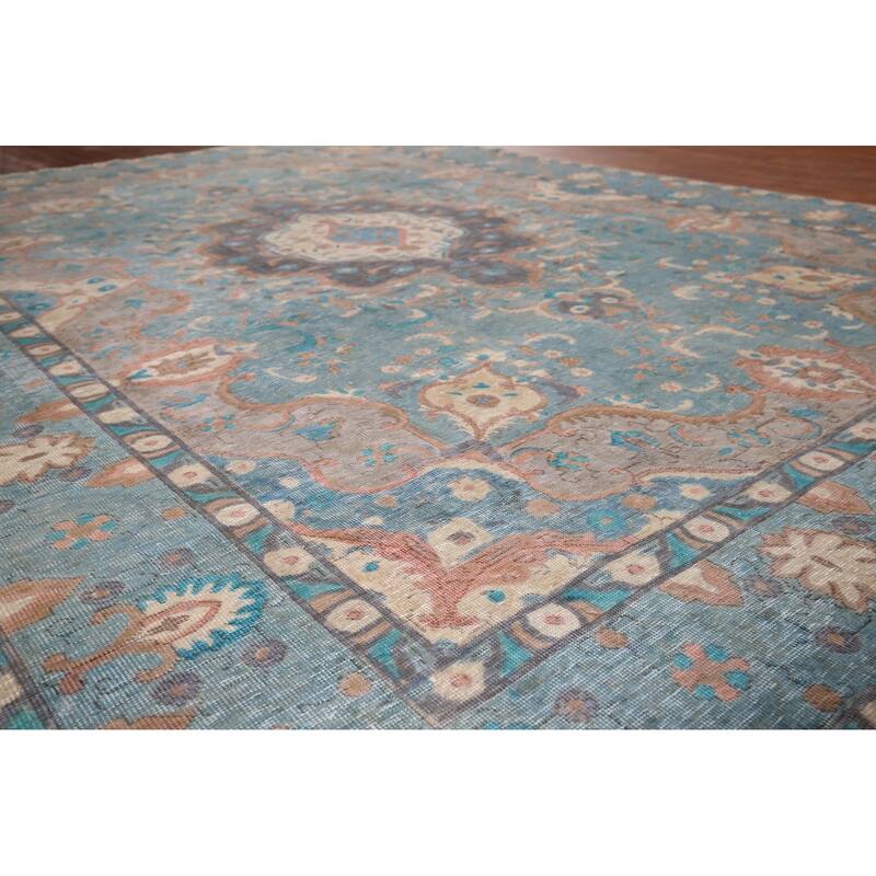 Distressed Blue Tabriz Persian Rug Handmade Wool Carpet - 8'1" x 10'11"
