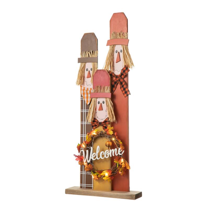 Glitzhome 36.25"H Lighted Wooden Scarecrow Welcome Porch Decor w/Wreath