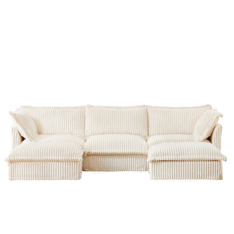 Modern 3 Seater Upholstered Sofa with 2 Ottomans and 2 Pillows - Cream