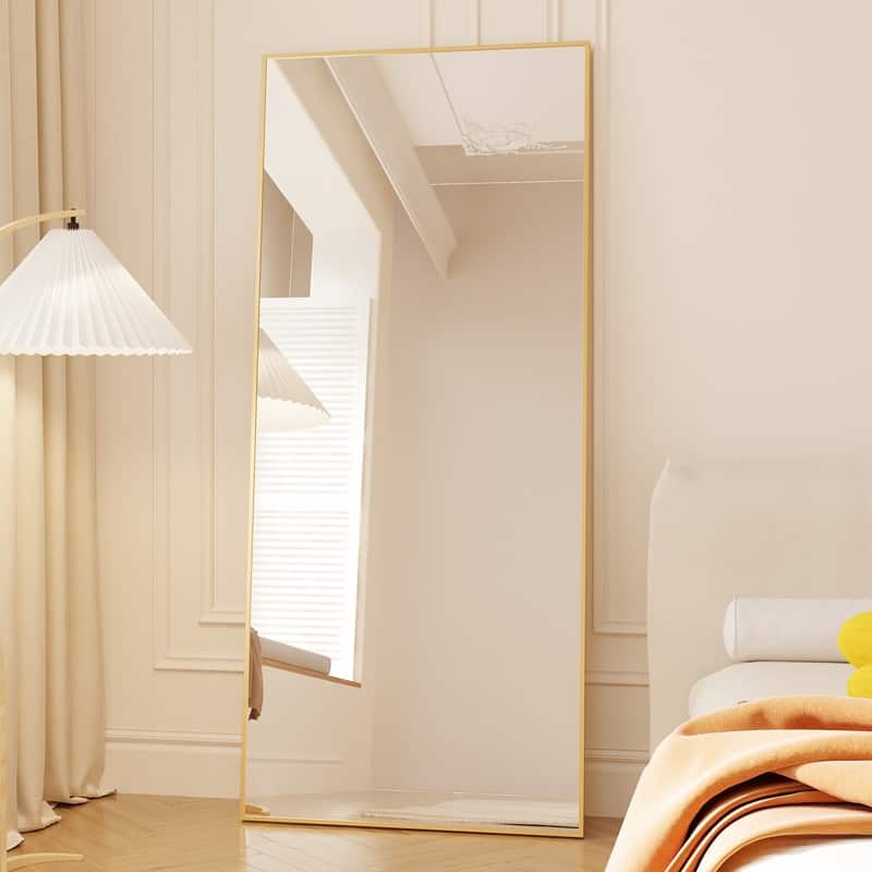 71" x 32" Tall Full Length Tempered Mirror with Stand, Gold Wall Mounting Full Body Mirror
