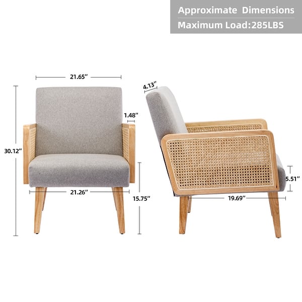 dimension image slide 0 of 4, Rattan Armrest Fabric Upholstered Accent Chair