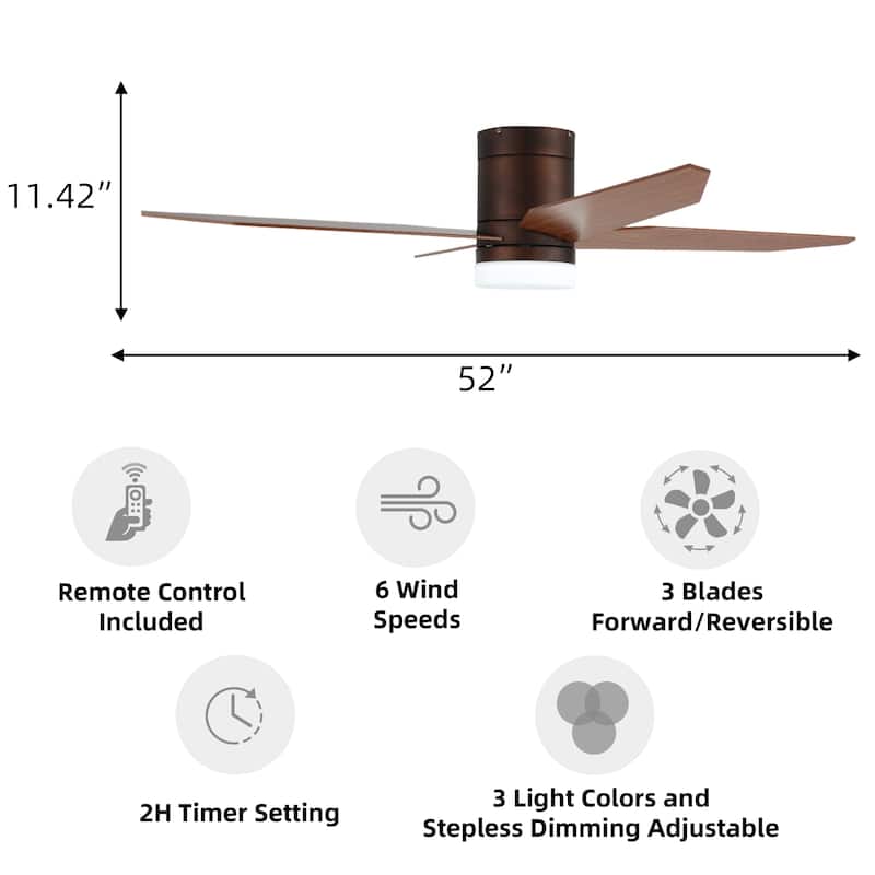 52 in. Modern Rustic Ceiling Fan with 3 Color Light, 4 Wood Blades, DC Motor, 6 Speed for Bedroom or Living Room