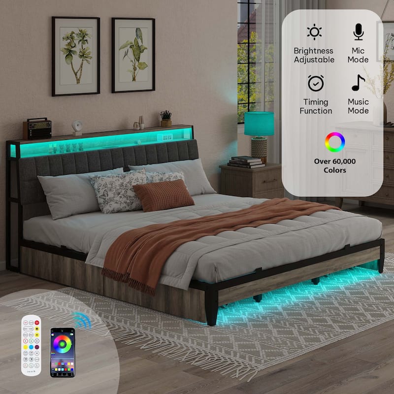 Upholstered Platform Bed with Charging Station and Storage Headboard