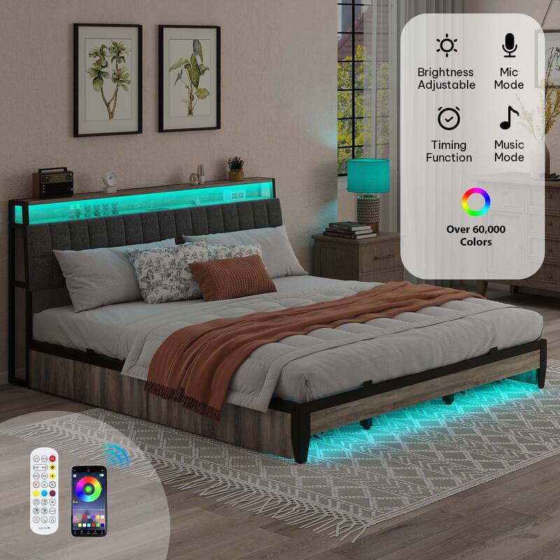 Moasis Rustic Grey Storage Platform Bed Frame with Storage Headboard with Power Outlets and 4 Drawers