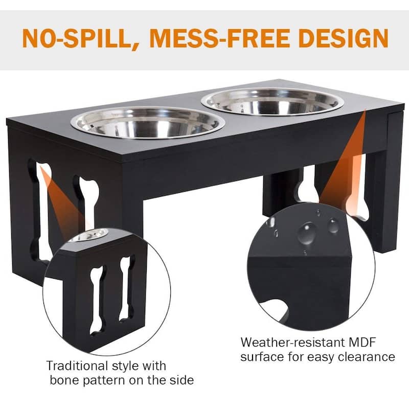 PawHut 23" Modern Decorative Dog Bone Wooden Heavy Duty Pet Food Bowl Elevated Feeding Station - Black
