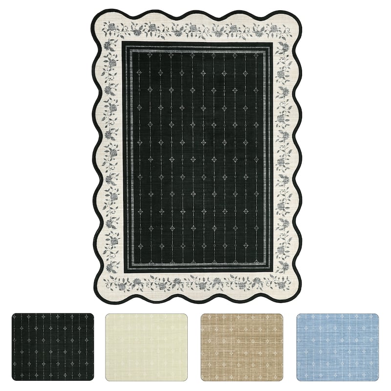 Garvee Scalloped Rose Floral Bordered Area Rug