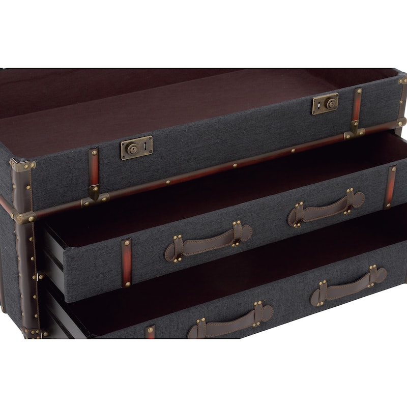 Linen Fabric Upholstered Trunk 2 Drawer Coffee Table with Buckle Hinged Top - Dark Blue or Brown - Roche River Decor