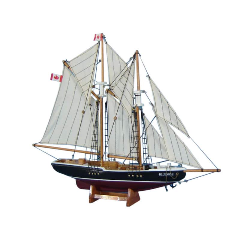 17" White Wooden Bluenose Model Sailboat Ideal for Nautical Decoration Accent - 17" L x 3" W x 14" H - White, Black, Brown