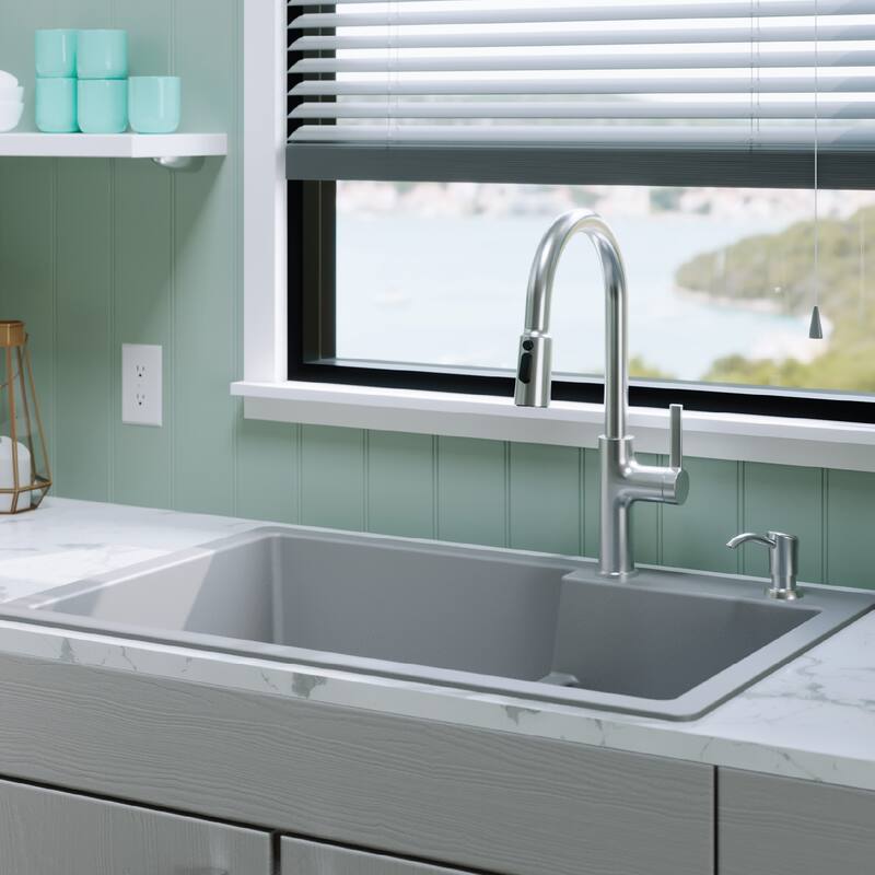 Karran 33" Top Mount Large/Small Bowl Quartz Kitchen Sink Kit - 33" x 22" x 9"