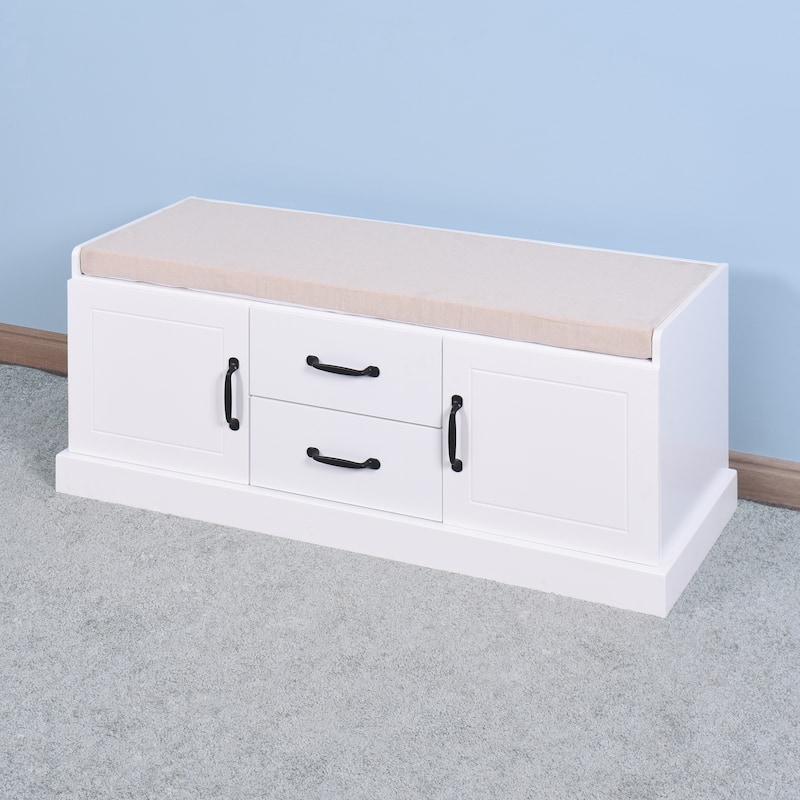 Wooden Entryway Shoe Cabinet with 2 Drawers, Doors & Cushioned Seat