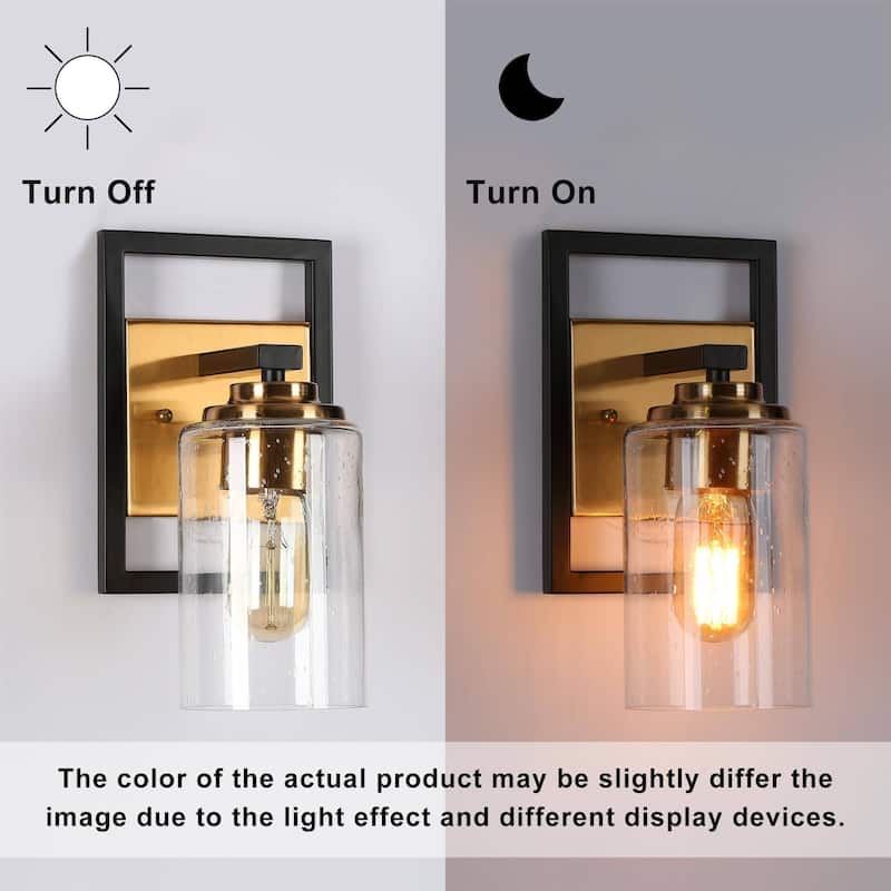 1-Light Cylindrical Seeded Glass Wall Sconce Modern Black Gold Vanity Lights - 5.5" L x 6" W x 10" H