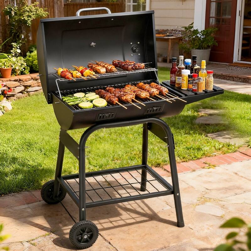 Charcoal BBQ Grill With Side Shelf And 2 Wheels For Patio Porch Picnic - N/A