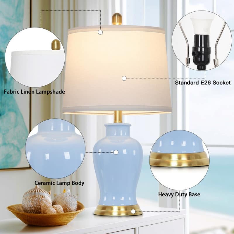 23'' Set of 2 Light Blue Ceramic Table Lamps with Gold Accents and White Drum Shades - 12.5''x12.5''x23''