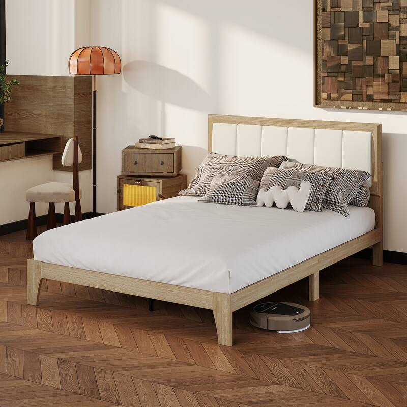 HOMCOM Full Size Bed Frame with Upholstered Headboard, Platform Bed Frame with Wooden Slats