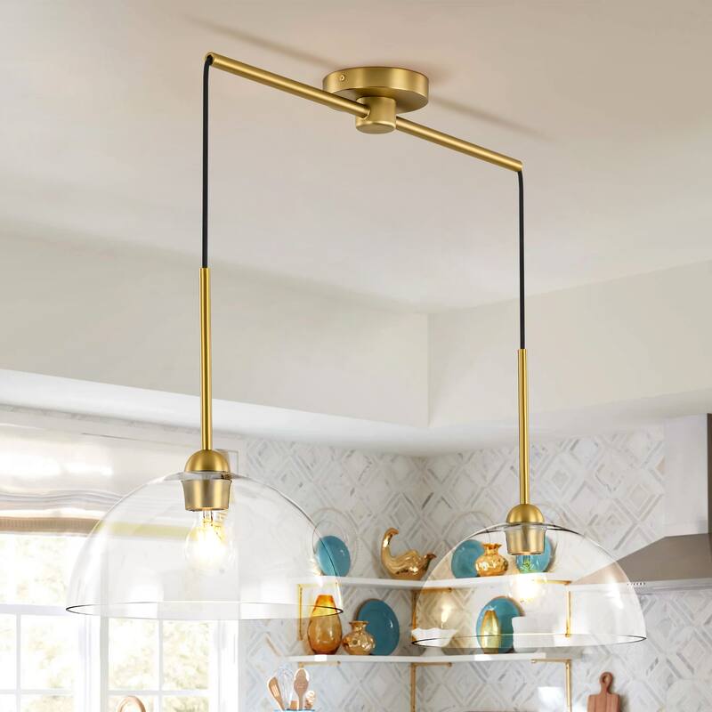 2-Light Modern Gold Linear Dome Clear Glass Globe Bubble Kitchen Island Lights