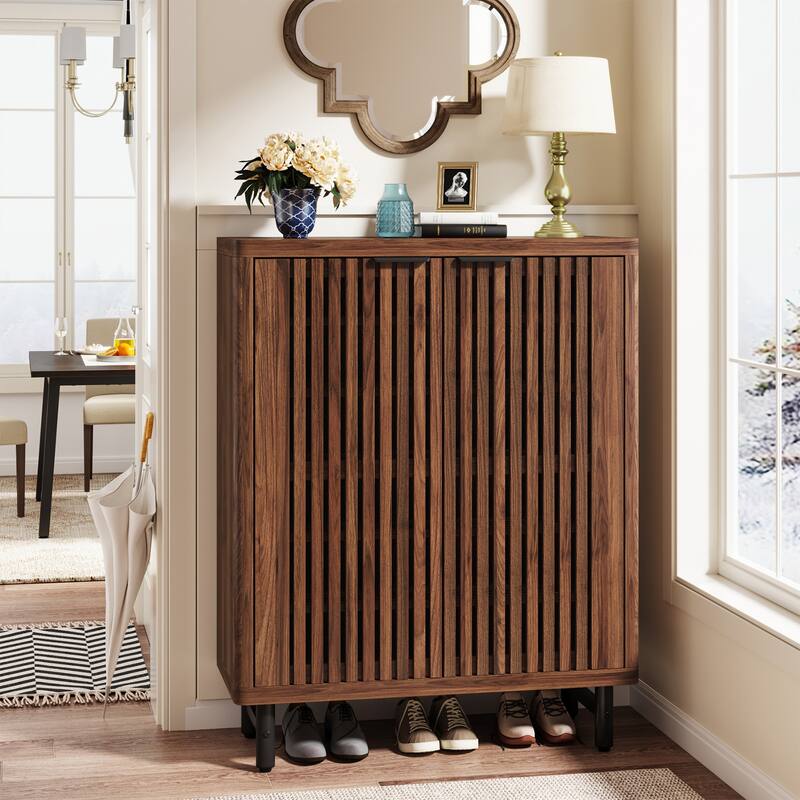 Wooden Shoe Cabinet with Shutter Doors, Adjustable Shelves Large Hidden Storage Organizer Rack for Entryway Hallway