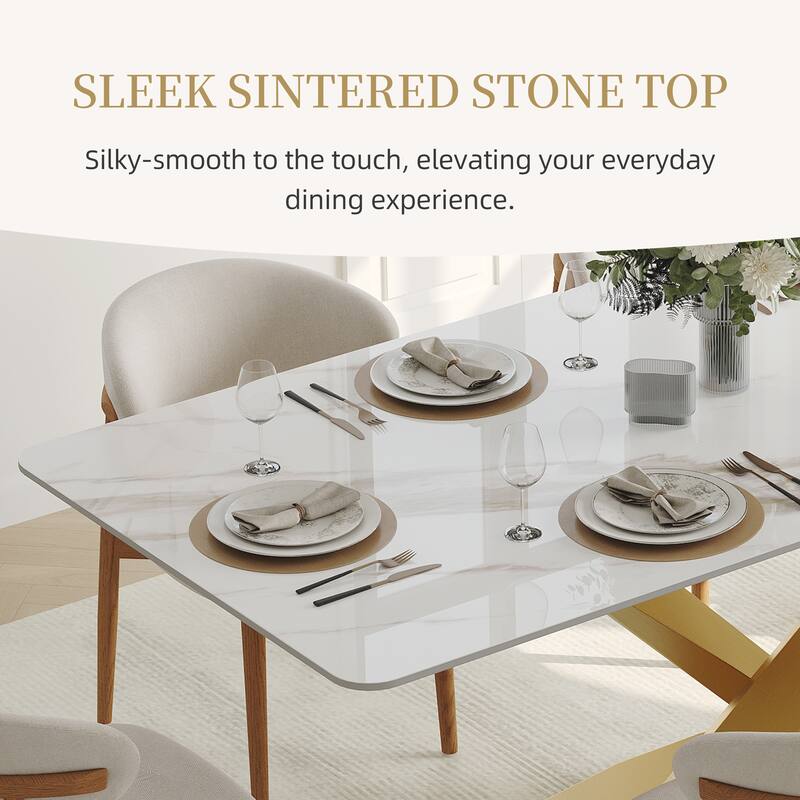 Modern Rectangular Dining table with Glossy Sintered Stone Table top, White Kitchen Table with Stainless Steel Legs