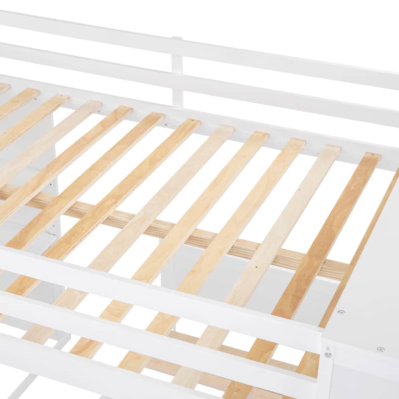 Twin Over Twin Size Bunk Bed Wooden Loft Bed with Wardrobe, Desk, Shelves, Safety Guardrail and Ladder