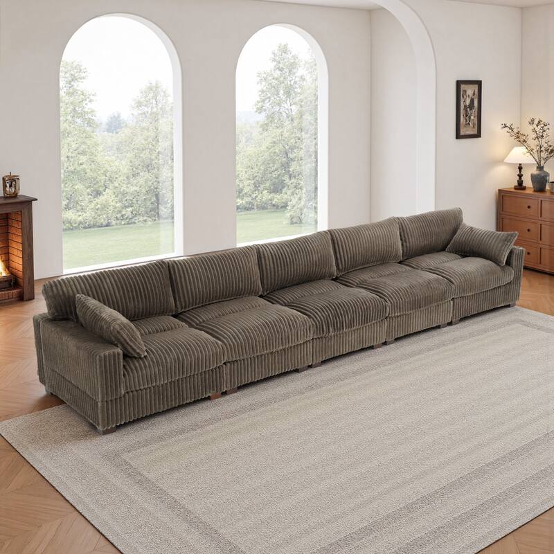 Plush Corduroy Upholstered Modular Sectional Sofa with Pillows