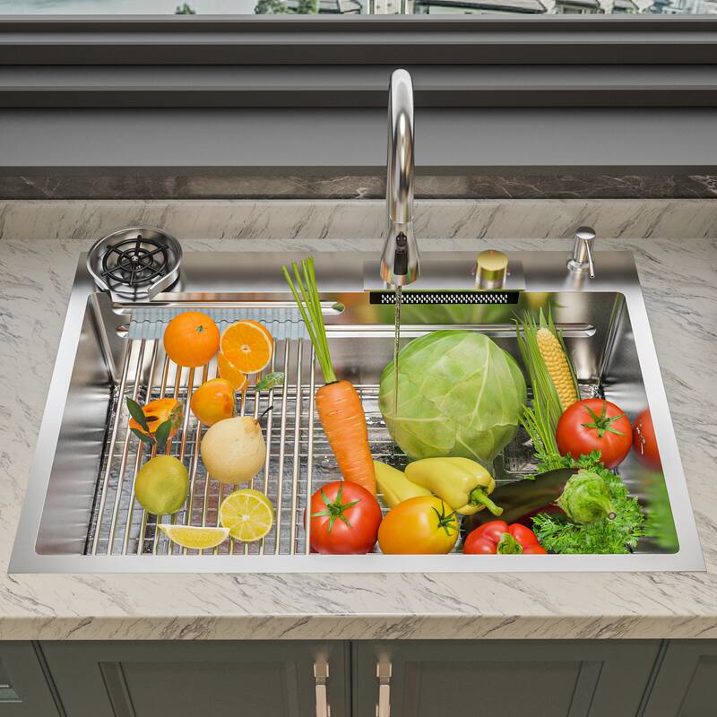 All-in-One Stainless Steel 33.2 in. Bowl Kitchen Workstation Sink