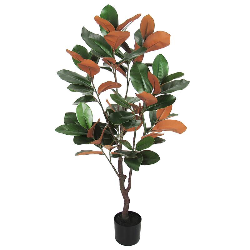 4ft Green Brown Artificial Magnolia Leaf Tree Plant in Black Pot - 48" H x 25" W x 25" DP