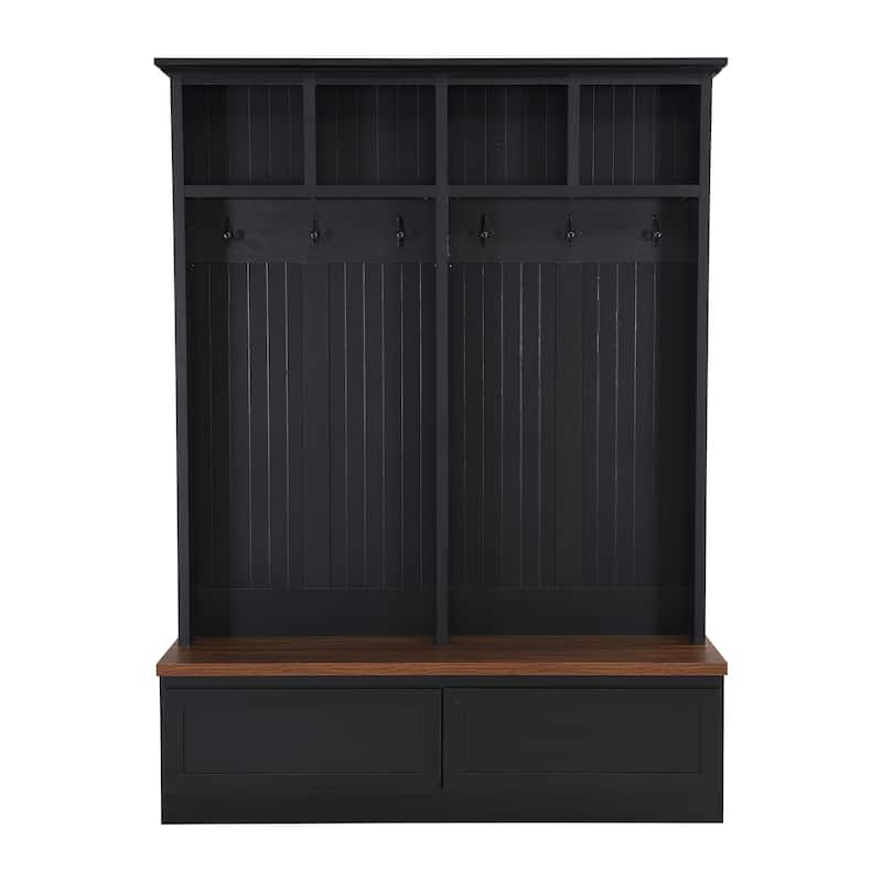 4-in-1 Wood Grain Entryway Hall Tree Storage Cabinet, Curved Top Shoe Cabinet Coat Rack with Drawers