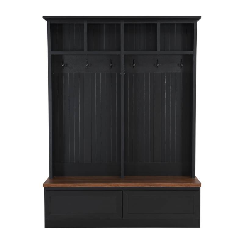 Farmhouse 4-In-1 Hall Tree With Wood Grain Bench,Mudroom Versatile Coat Rack With 2 Large Drawer,Entrance Organizer
