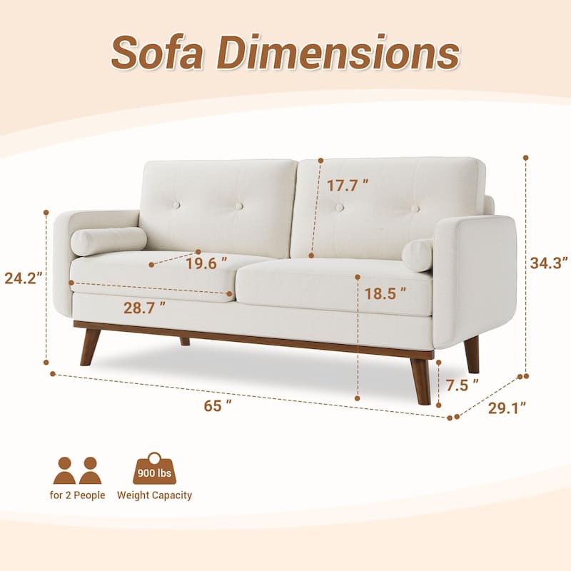 65" Loveseat Sofa, Mid Century Modern Couch Comfy Love Seat Couches for Living Room